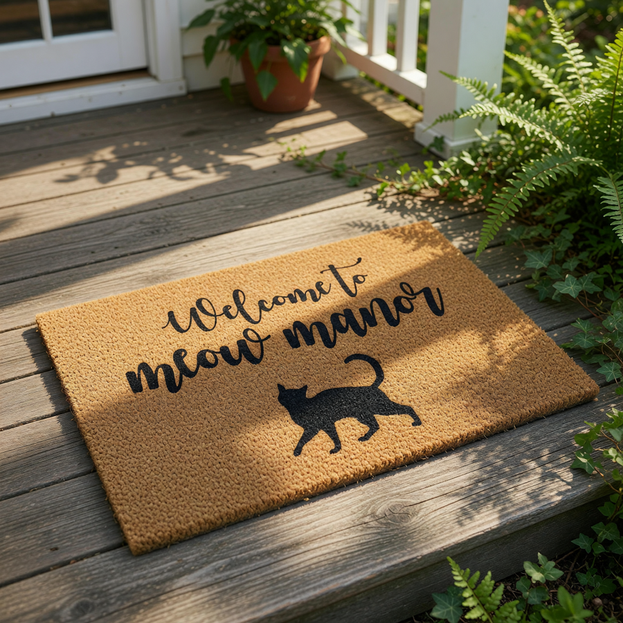 A textured doormat with the phrase "Welcome to meow manor" printed on it, along with a silhouette of a cat.