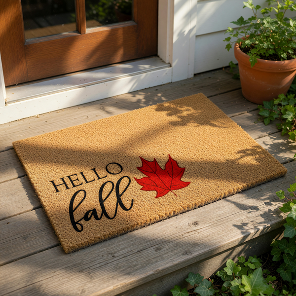 A textured door mat with the phrase "Hello fall" printed on it, along with an illustration of a red maple leaf.