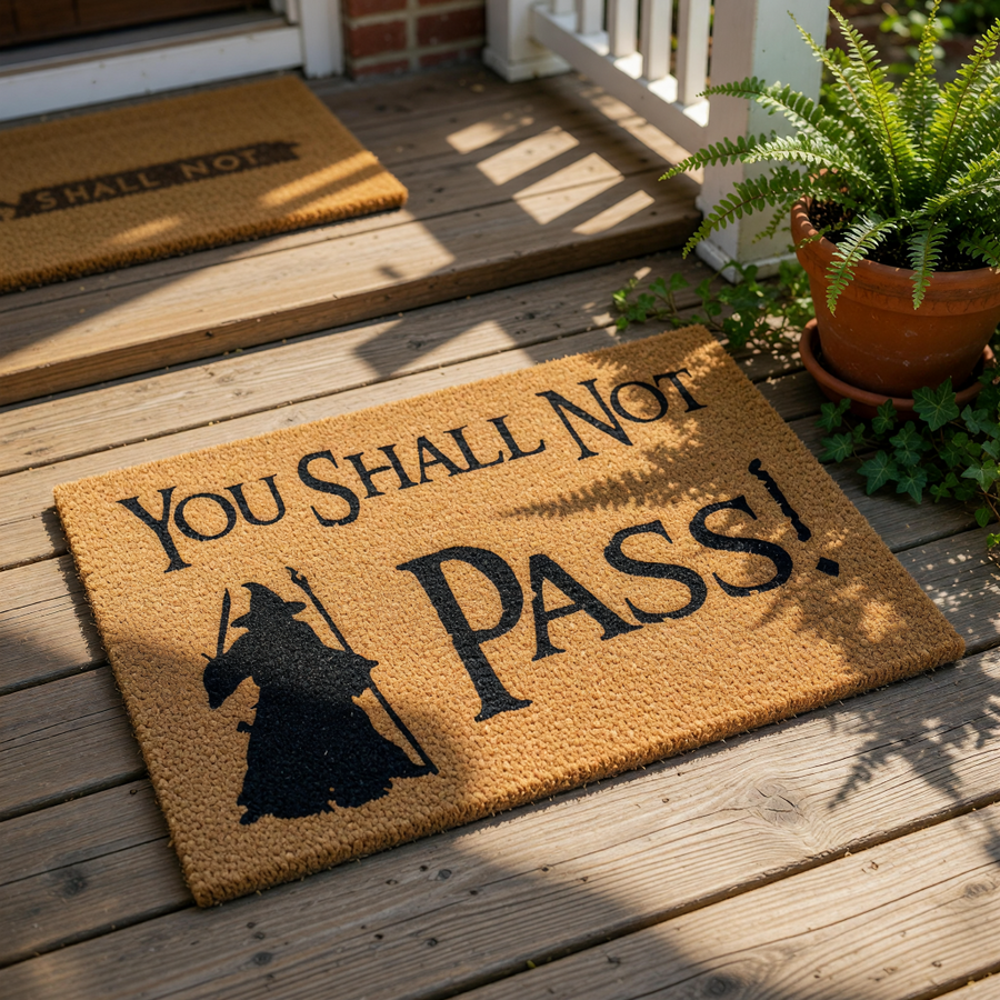 A doormat with the text "You shall not pass!" printed on it, along with a silhouette of a wizard or magical figure.