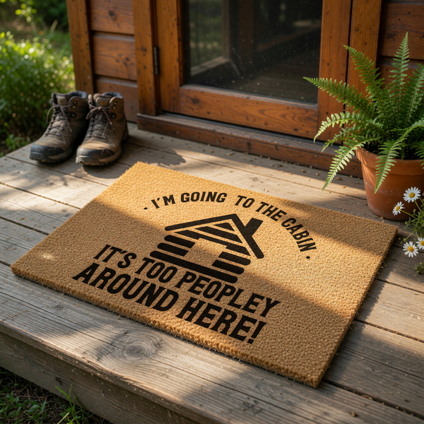 A mat with a humorous text and a cabin graphic printed on it.