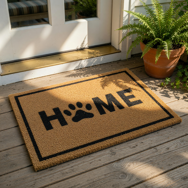 A rectangular doormat with the word "HOME" printed on it, along with a paw print symbol.
