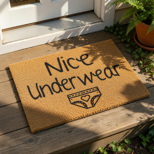 A textured area rug with the phrase " Nice Underwear" printed on it, along with a graphic of a underwear.