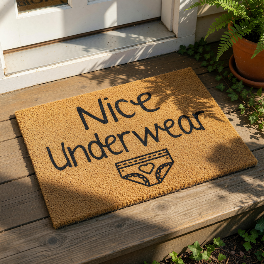 A textured area rug with the phrase " Nice Underwear" printed on it, along with a graphic of a underwear.