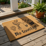 A door mat with a design of cacti and the text "No touchy!" printed on it.