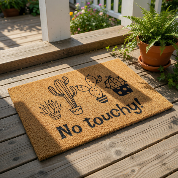 A door mat with a design of cacti and the text "No touchy!" printed on it.