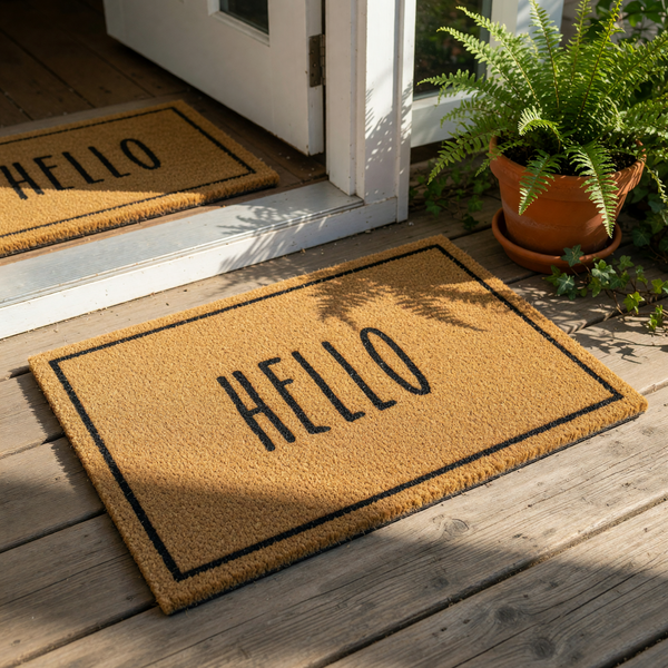 A rectangular, textured door mat with the word "HELLO" printed on it.