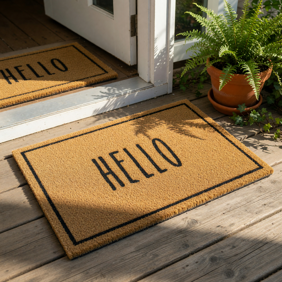 A rectangular, textured door mat with the word "HELLO" printed on it.