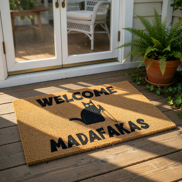 A black and white welcome mat with the text "WELCOME MADAFAKAS" printed on it.