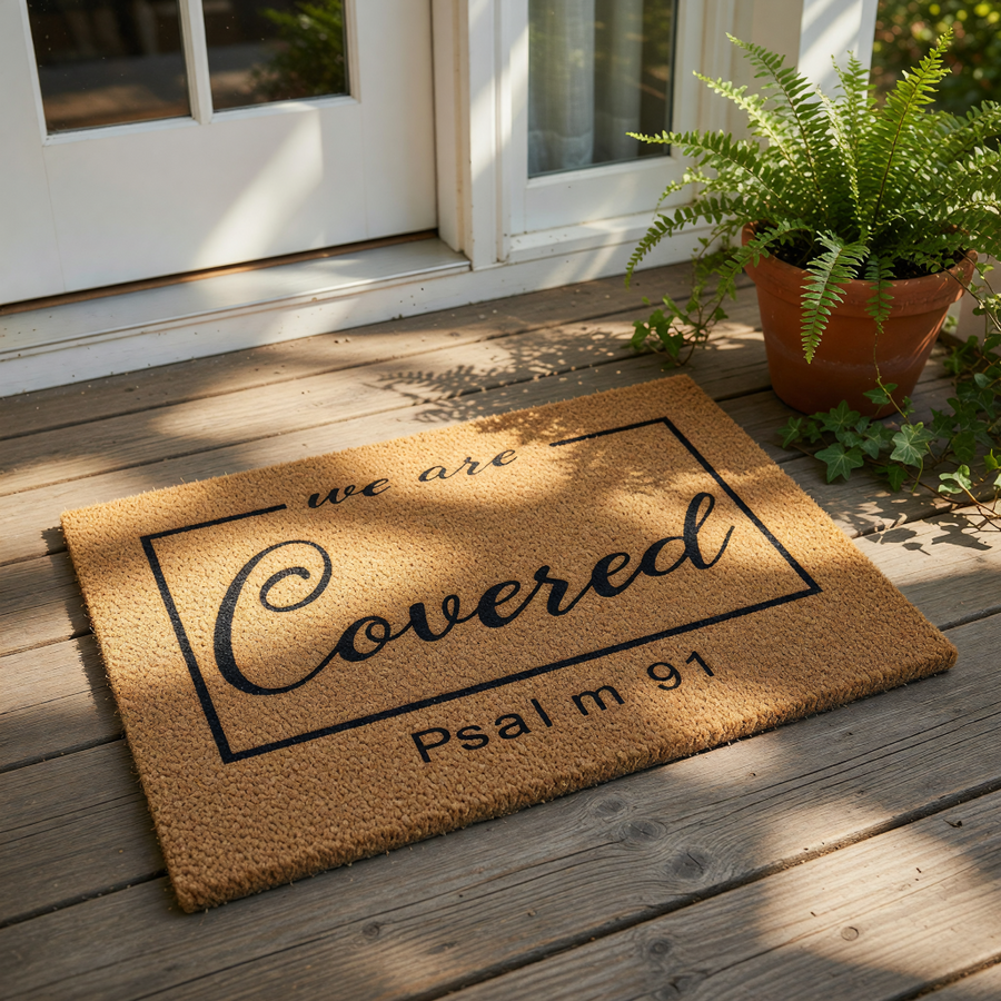 A black and white image of a textured area rug with the text "we are Covered" printed on it.