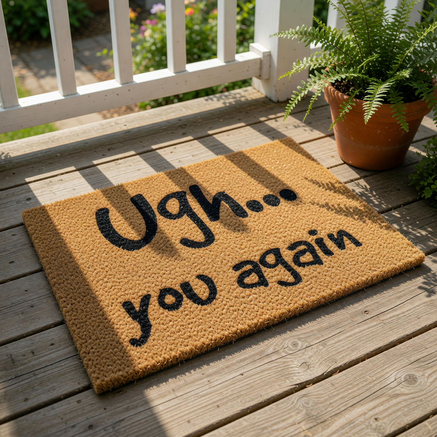 A textured area rug with the phrase "Ugh... you again" printed on it.