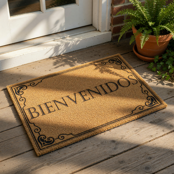 A wooden door mat with the word "BIENVENIDOS" written on it, placed on a wooden floor.