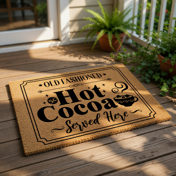 A door mat with the text "Old Fashioned Hot Cocoa Served Here" printed on it.