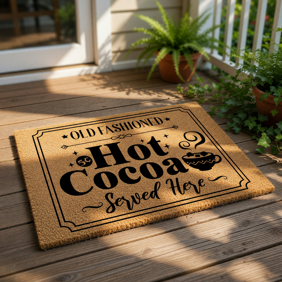 A door mat with the text "Old Fashioned Hot Cocoa Served Here" printed on it.