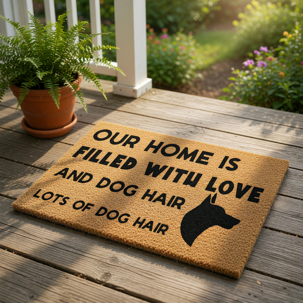 A door mat with a message that reads "Our home is filled with love and dog hair lots of dog hair"