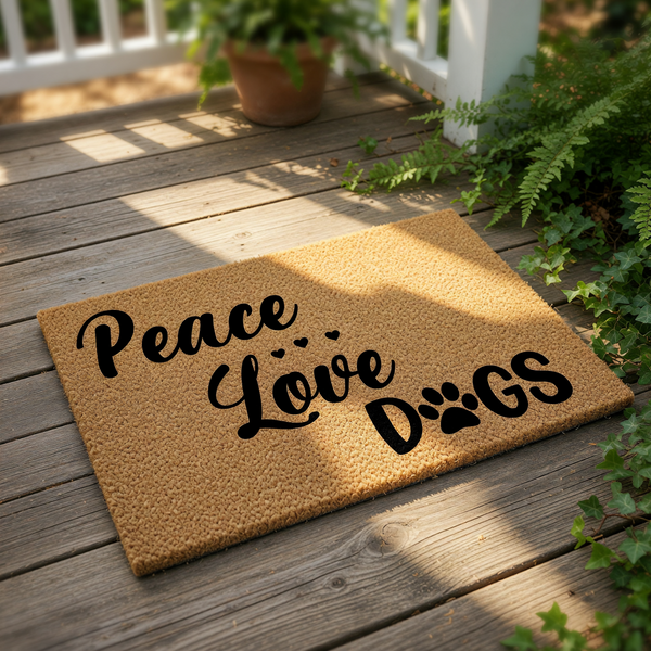 A wooden doormat with the text "Peace Love Dogs" printed on it, placed on a concrete floor next to a window.
