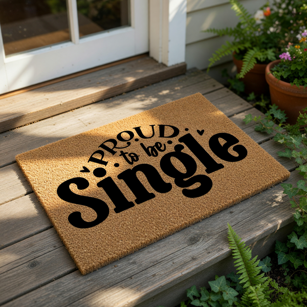 A door mat with the text "Proud to be Single" printed on it.