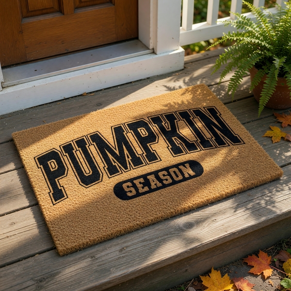 A textured door mat with the word "PUMPKIN" printed on it, along with the word "SEASON" below it.