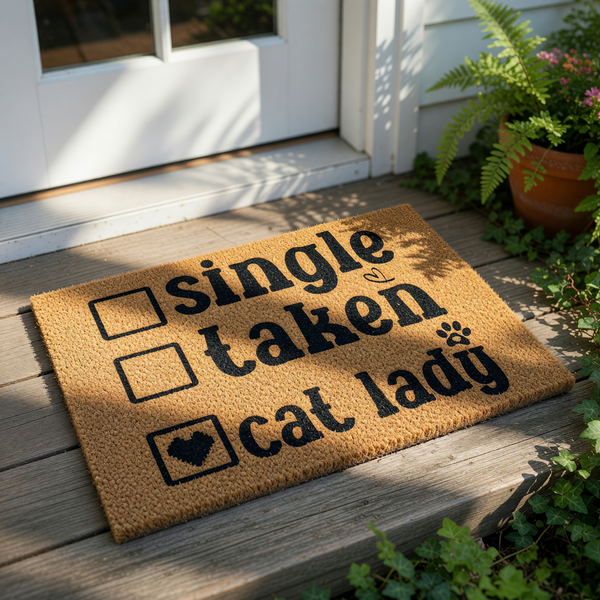 A wooden door mat with the text "Single taken cat lady" printed on it.