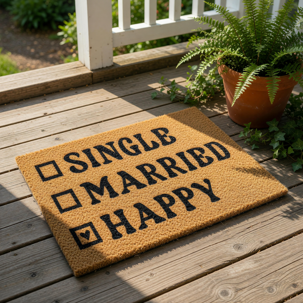 A wooden door mat with the words "SINGLE" and "MARRIED" printed on it, along with the word "HAPPY" below.