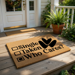 A door mat with a humorous text that reads "Single, Taken, Who Cares?"
