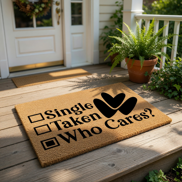 A door mat with a humorous text that reads "Single, Taken, Who Cares?"