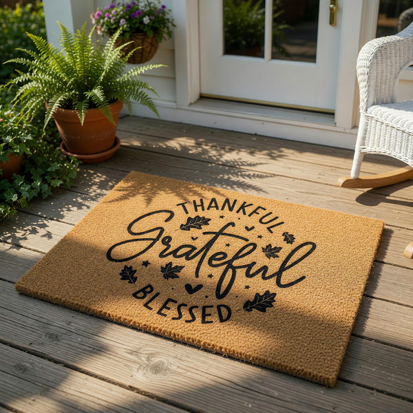 A person holding a door mat with the text "THANKFUL GRATEFUL BLESSED" written on it.