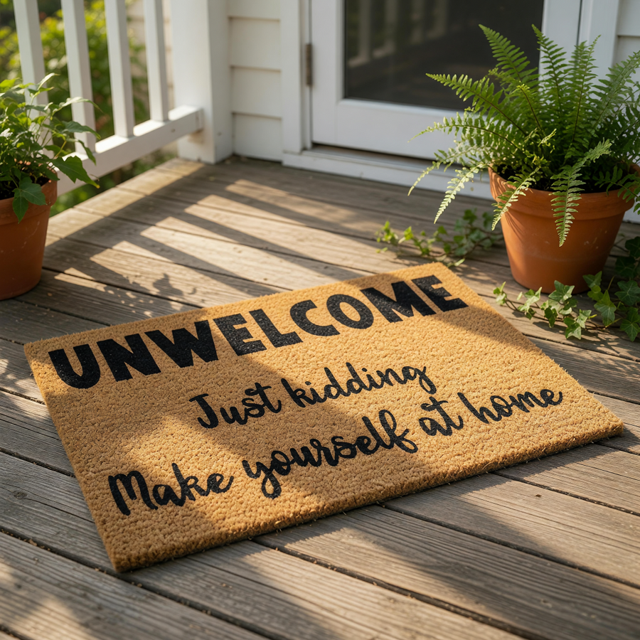 A welcome mat with the text "UNWELCOME Just kicking Make yourself at home" printed on it.