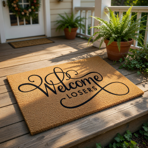 A wooden door mat with the text "Welcome LOSERS" printed on it, placed on a wooden floor in front of a door.