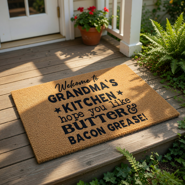 a welcome mat with a humorous message that reads "Welcome to GRANDMA'S KITCHEN * Hope you like * BUTTER & BACON GRAISE!" The mat is placed on a tiled floor in front of a door, with two chairs visible on either side.