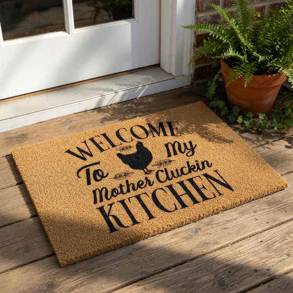 A wooden door mat with the text "Welcome To My Mother Cluckin Kitchen" printed on it.