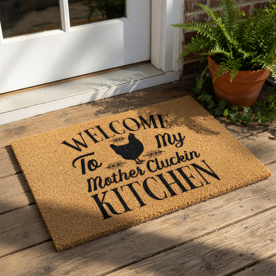 A wooden door mat with the text "Welcome To My Mother Cluckin Kitchen" printed on it.