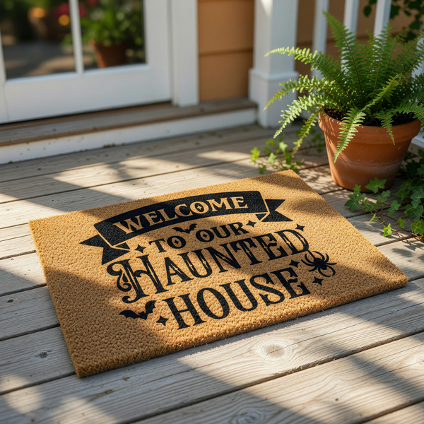 A welcome mat with the text "Welcome to our Haunted House" on it, placed on a concrete surface next to a brick wall.