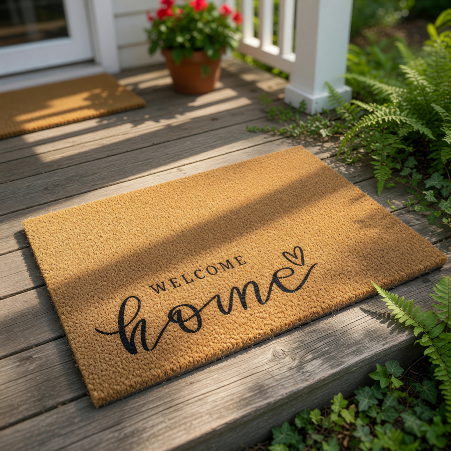 A textured, light brown doormat with the text "Welcome home" printed on it.