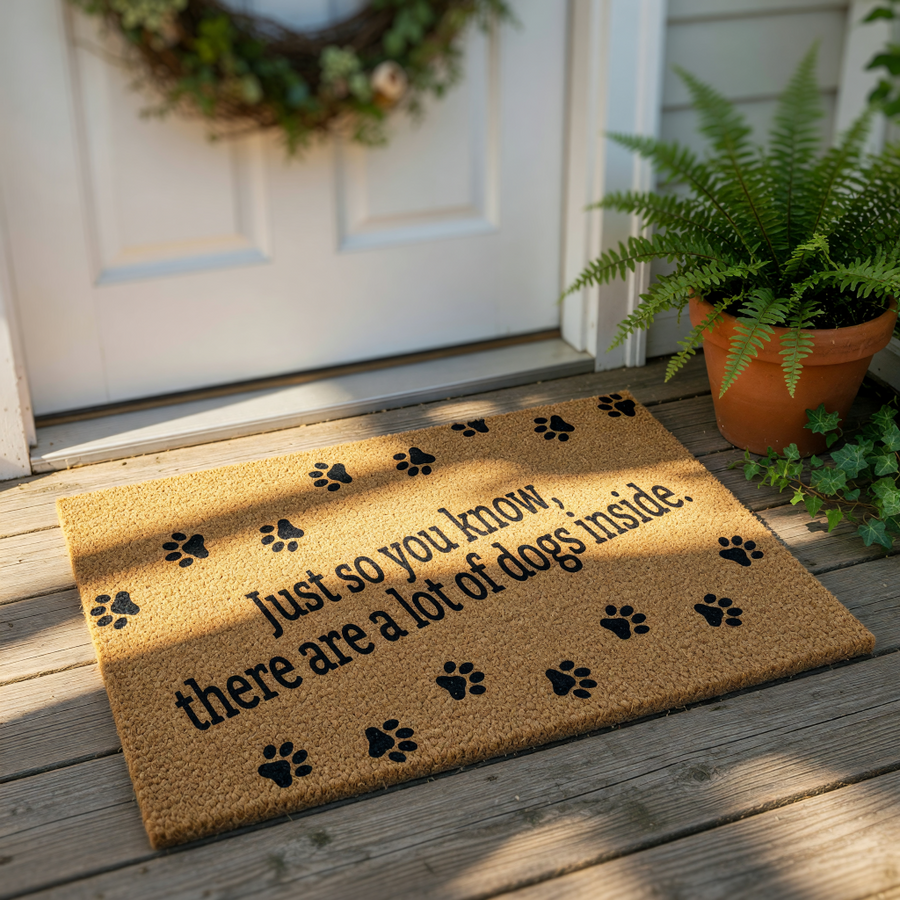 A textured doormat with paw prints and a circular logo with text around it.