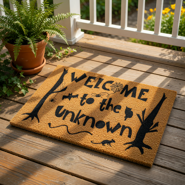 A door mat with the text "WELCOME TO THE UNKNOW" printed on it, along with silhouettes of a tree and a spider.