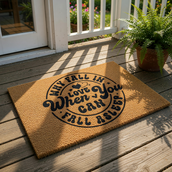 A wooden door mat with a circular design and text on it, placed on a wooden floor.