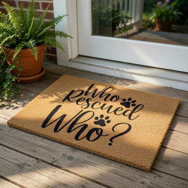 A door mat with the text "Who Rescued Who?" printed on it.