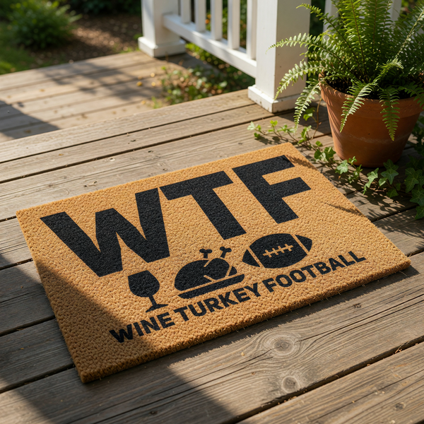 A humorous door mat with the text "WTF WINE TURKEY FOOTBALL" printed on it, featuring various icons related to the holidays and sports.