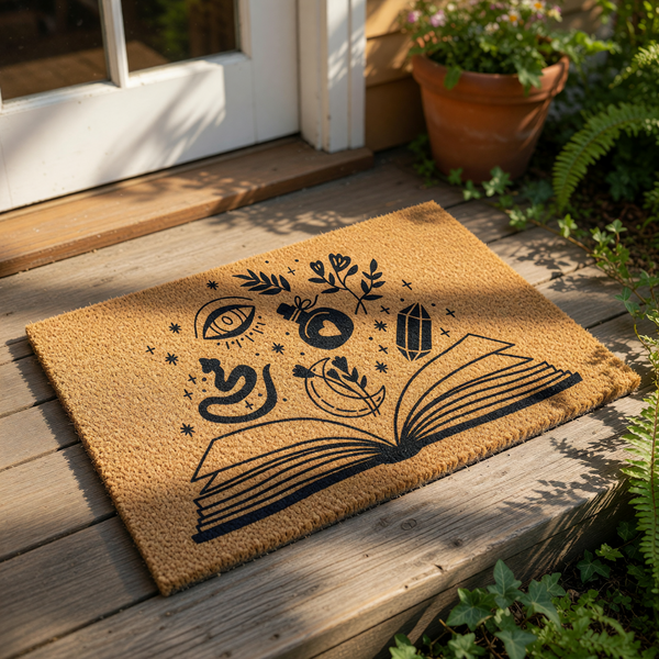 A cork door mat with an open book design, featuring various symbols and elements such as an eye, snake, heart, and crystals.