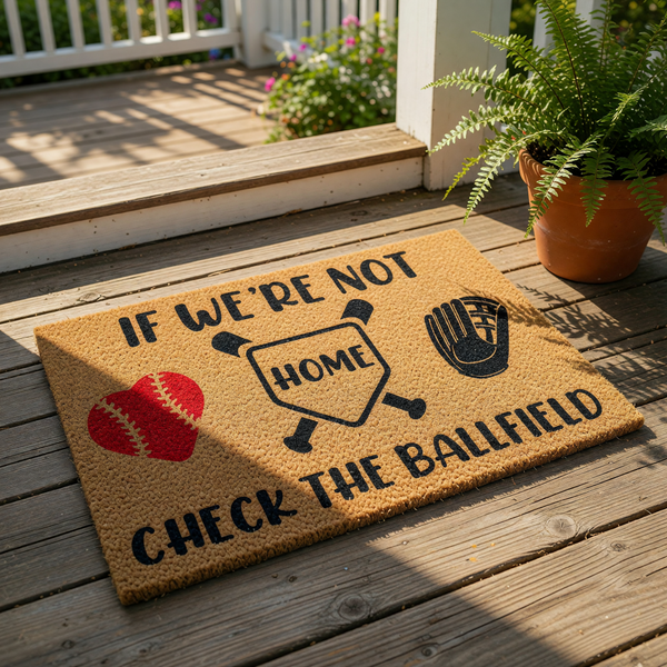 A door mat with a humorous message about baseball, featuring a baseball, a heart, and a glove, along with the text "IF WE'RE NOT HOME CHECK THE BALLFIELD".
