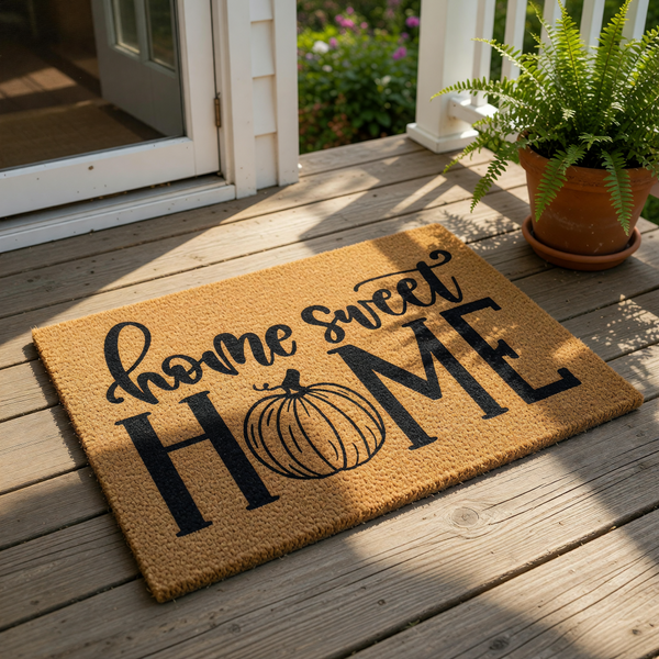 a textured door mat with the phrase "home sweet home" written on it in a decorative font.
