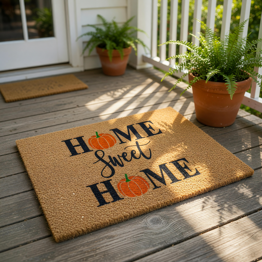 A textured door mat with the phrase "HOME Sweet HOME" printed on it, along with an orange pumpkin icon.