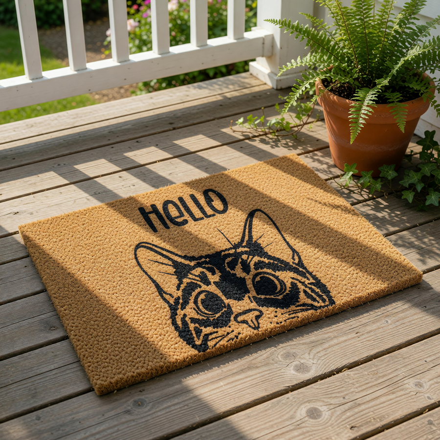 A black and white illustration of a cat's face peeking out from behind a textured area, with the word "HELLO" written above it.