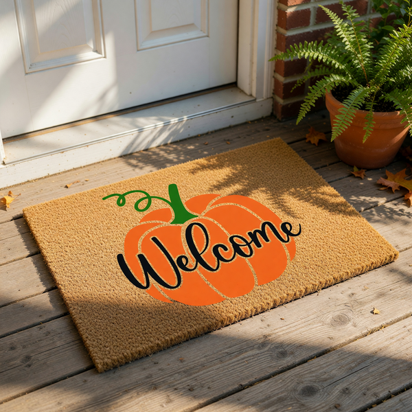 a textured brown area with a large orange pumpkin and the word "Welcome" written on it.