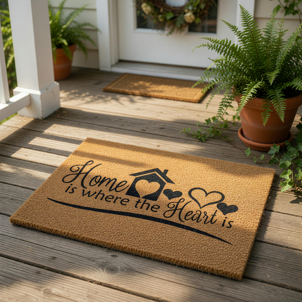 A textured doormat with the text "Home is where the heart is" printed on it.