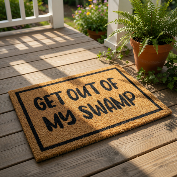 A rectangular doormat with the text "GET OUT OF MY SWAMP" printed on it.