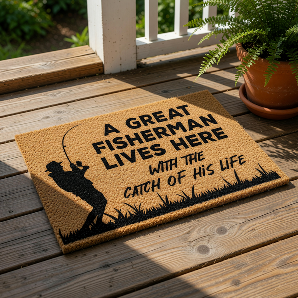 A door mat with a silhouette of a person fishing and the text "A GREAT FISHERMAN LIVES HERE WITH THE CATCH OF HIS LIFE" printed on it.