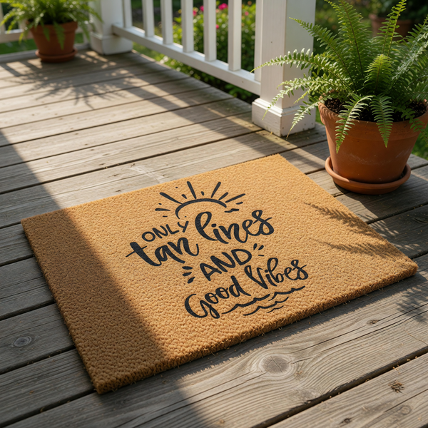 A textured area rug with a decorative message printed on it, placed next to a potted plant.
