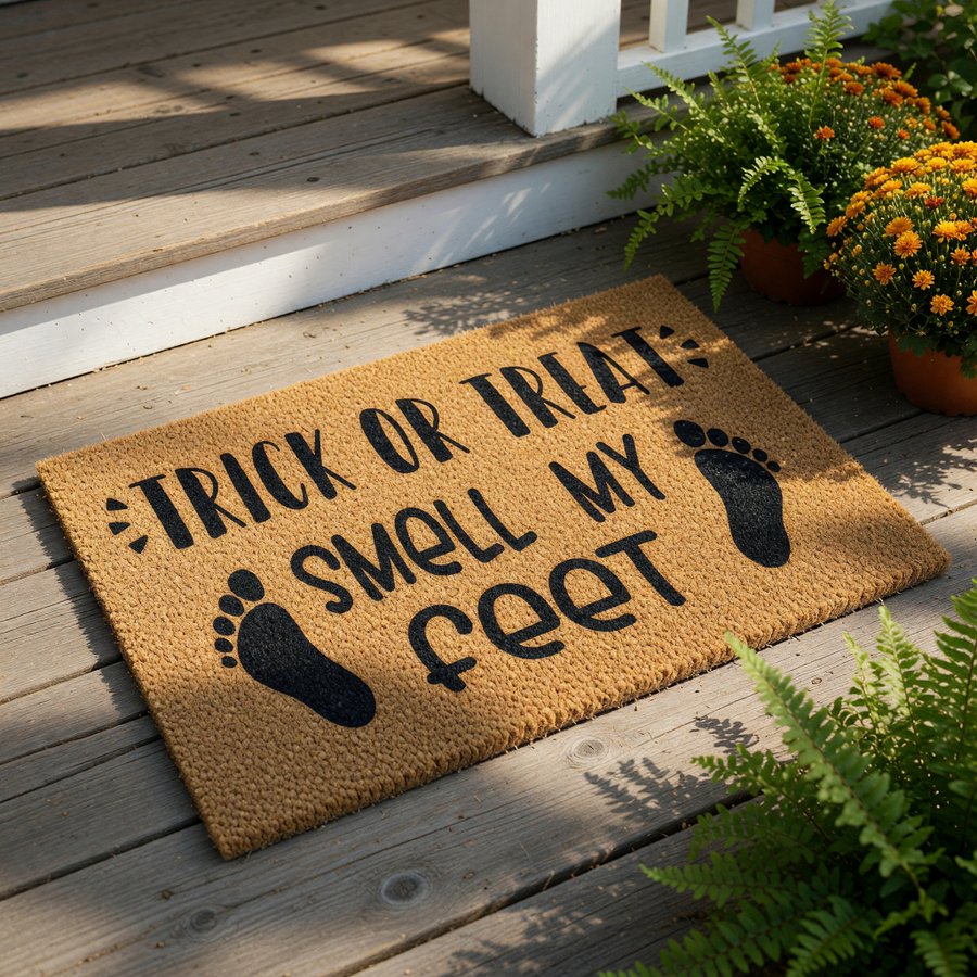 a textured door mat with the text "TRICK OR TREAT SMELL MY FEET" printed on it.