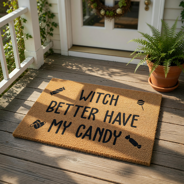 A textured door mat with the text "WITCH BETTER HAVE MY CANDY" printed on it.